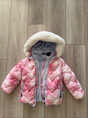 Snozu Pink and White Quilted Puffer Jacket with Faux Fur Hood